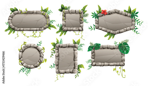 Set of stone frames in different shapes with green jungle leaves and tropical lianas on white background. Vector cartoon illustration