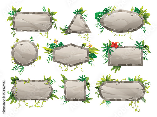 Set of stone frames and banners in various shapes decorated with green jungle leaves and flowers. Vector cartoon illustration