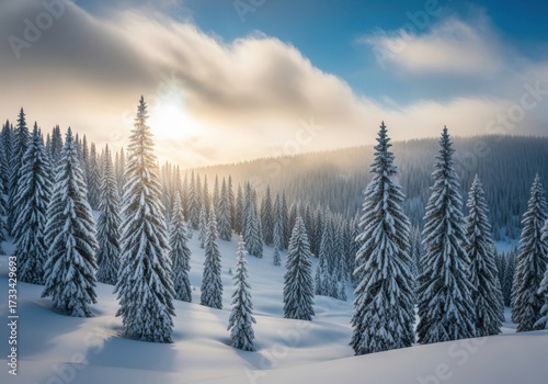 Snow covered pine trees in a forest during a beautiful winter sunset