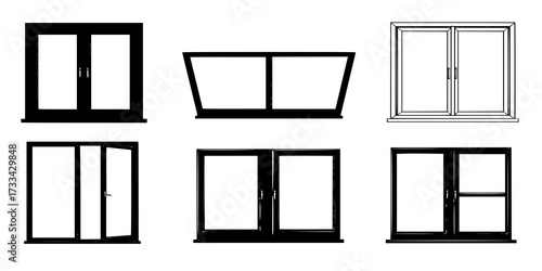 Glass window. Icon of plastic windowpane with frame for house and office. Double windows for balcony. Hung glass for architecture or exterior. wooden frame with windowpane for building. Vector 