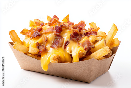 French fries with melted cheese and crispy bacon in a paper tray, isolated on white background.