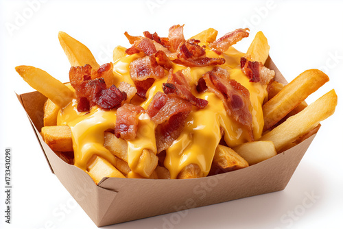 French fries with melted cheese and crispy bacon in a paper tray, isolated on white background.