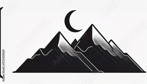 Simple black and white icon showcasing majestic mountain peaks with subtle snow details, crowned by a crescent moon. Minimalist design evokes nature, wilderness, and night serenity
