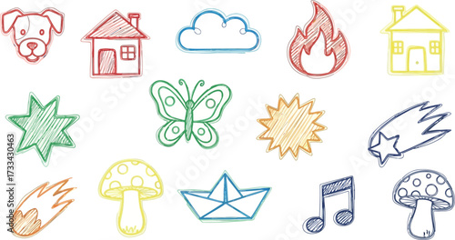 Vector art of assortment of handdrawn icons including a dog, house, cloud, fire, butterfly, sun, star, mushroom, boat, and music note