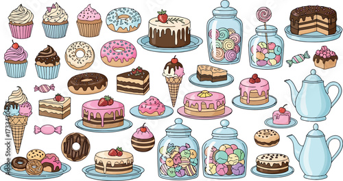 Vector art of variety of sweet desserts including cupcakes, donuts, cakes, ice cream, and candy jars