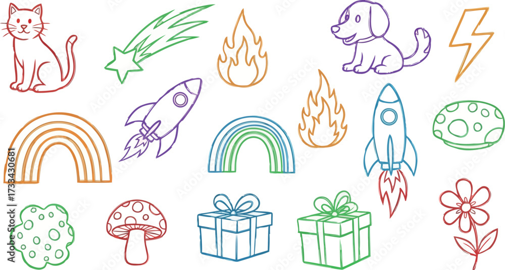 Naklejka premium Vector art of assorted handdrawn icons including animals, rockets, and rainbows
