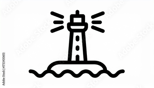 Minimalist black outline icon depicting a tall cylindrical lighthouse situated on a wavy sea, its powerful light beams offering guidance and safe navigation for ships at sea