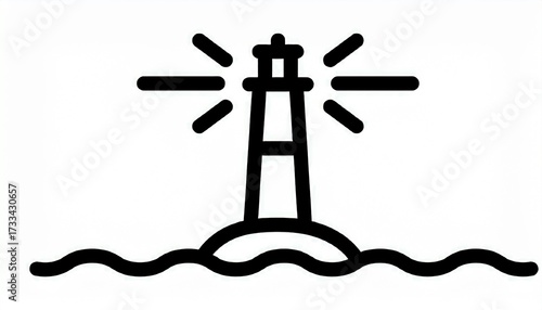 Simple black and white icon of a lighthouse emitting rays of light, standing tall on a small island surrounded by waves