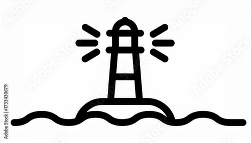A simple black line art icon of a lighthouse shining its beacon on a small island surrounded by ocean waves