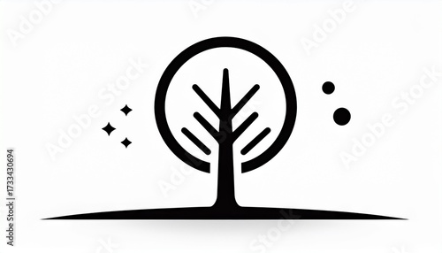 Black and white minimalist tree icon in a circular frame, symbolizing nature, growth, and environmental harmony. Ideal for eco-friendly branding and modern design projects