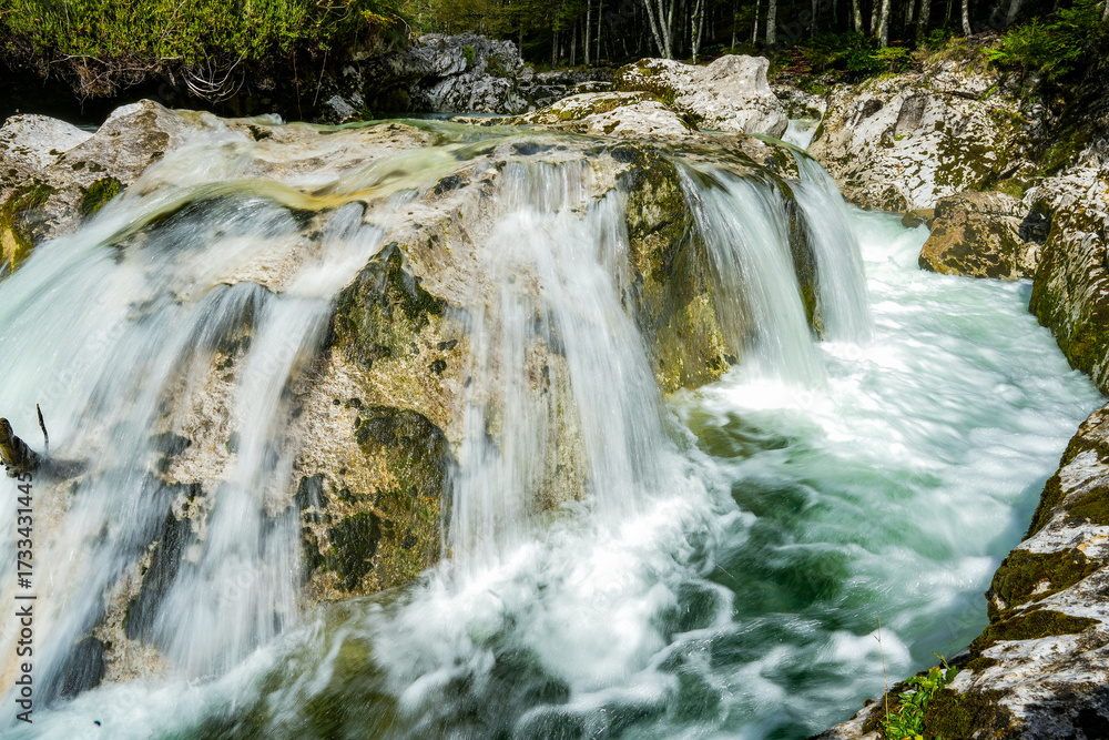 Fototapeta premium Cascades in the impressive Mostnica Gorge in the Triglav National Park in Slovenia. The hiking trail along the gorge is a popular excursion destination.