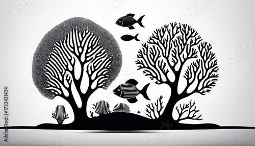 Abstract underwater marine life scene with coral reefs and fish silhouettes, Monochrome illustration of the ocean's ecosystem with stylized flora and fauna