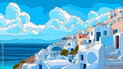 This captivating illustration showcases the iconic beauty of Santorini, Greece. The image features whitewashed houses with blue domed roofs, nestled against the backdrop of the serene Aegean Sea. The 