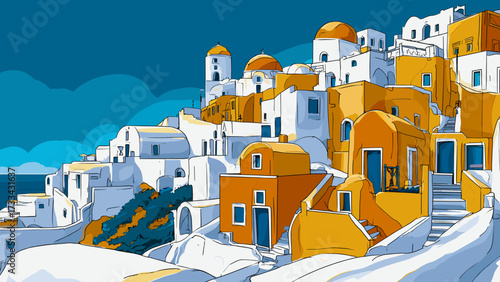 This captivating illustration showcases the iconic beauty of Santorini, Greece. The image features whitewashed houses with blue domed roofs, nestled against the backdrop of the serene Aegean Sea. The 