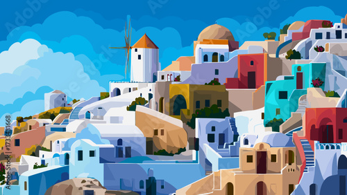 This captivating illustration showcases the iconic beauty of Santorini, Greece. The image features whitewashed houses with blue domed roofs, nestled against the backdrop of the serene Aegean Sea. The 