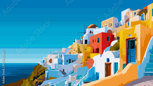 This captivating illustration showcases the iconic beauty of Santorini, Greece. The image features whitewashed houses with blue domed roofs, nestled against the backdrop of the serene Aegean Sea. The 