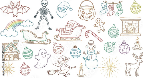 Vector art of holiday doodle pattern with christmas and halloween elements