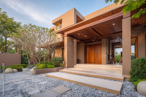 Modern two-story house with large glass windows and wooden exterior panels, surrounded by trees and greenery. The architecture features a minimalist design with a flat roof and attached garage.