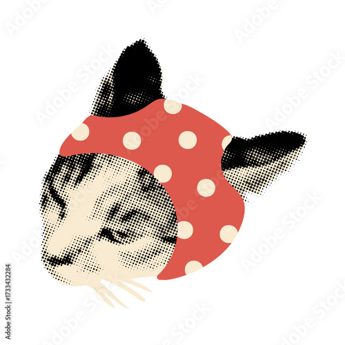 Art collage clipart. Halftone cut out cat head in red polka dot bonnet, funny Christmas costume. Vintage dotted sticker, Modern retro grunge mixed media vector illustration on transparent background