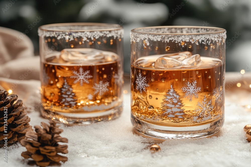 Fototapeta premium whiskey glasses with Christmas decorations.