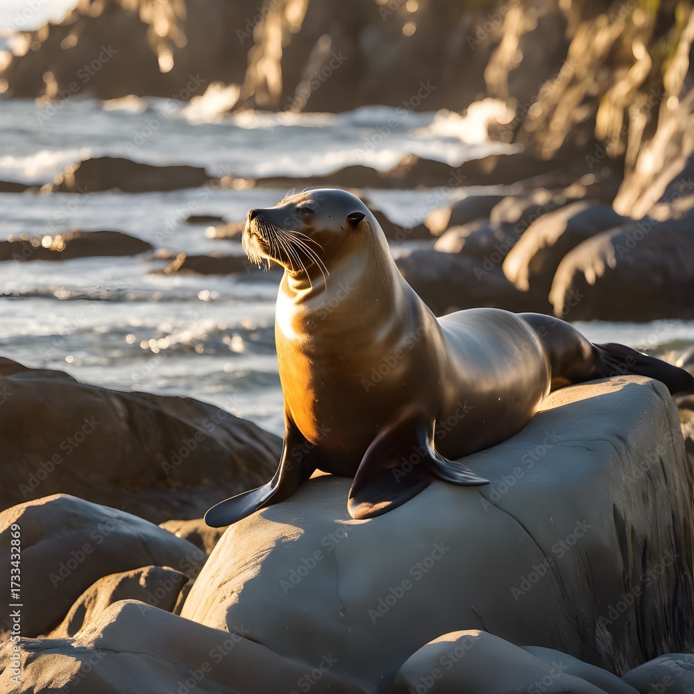 Naklejka premium Majestic Sea Lion Basking on Coastal Rocks at Sunset