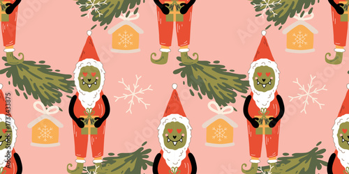 Seamless Pattern with Santa Christmas cute Monster with Snowflakes, Gingerbread houses, and Pine branches on a soft pink background. Perfect for wrapping paper, fabric, wallpaper or holiday marketing