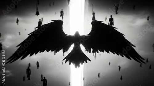 Colossal fallen angel silhouette with immense tattered wings rapidly plummets into an abyssal void, intensely backlit by an ethereal light beam. Somber spiritual descent concept