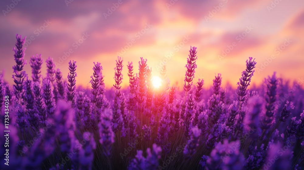 Naklejka premium A serene scene of a lavender field bathed in warm sunset light.