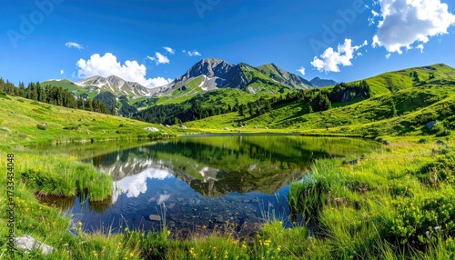 Picturesque Alpine Mountain Landscape Reflecting in Clear Lake Under a Bright Blue Sky with Dramatic Clouds and Lush Green Meadow in Foreground at Daylight