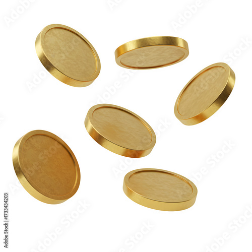 Realistic gold coin or golden money falling/floating. Perfect for finance, jackpot, and wealth concepts. Isolated on white or transparent background. PNG format.