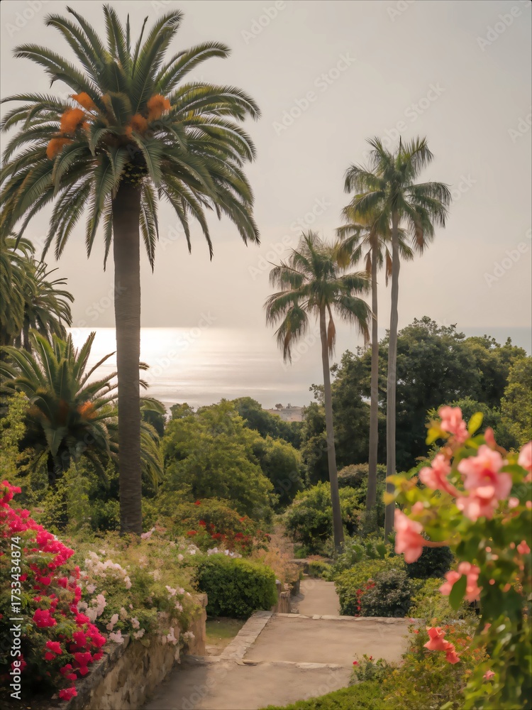Fototapeta premium Lush Tropical Garden Path Overlooking the Ocean at Sunset.