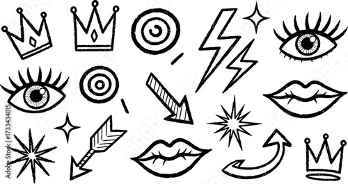 Vector art of handdrawn doodle icons of eyes, lips, and lightning