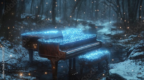 Enchanted winter nocturne: A grand piano bathed in celestial light amidst a snowy forest