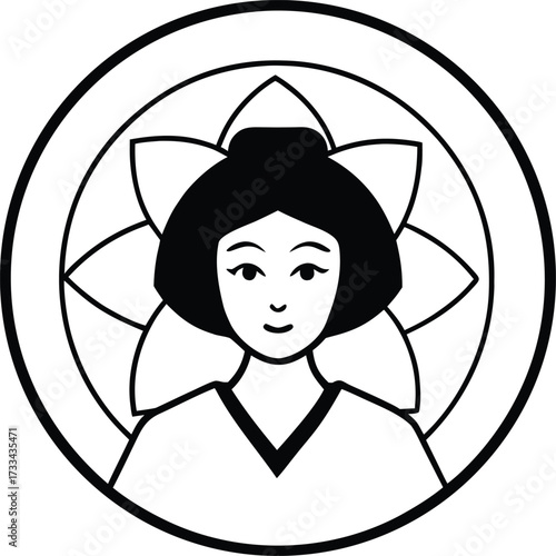 Japanese geisha framed with sakura mandala illustration on transparent background