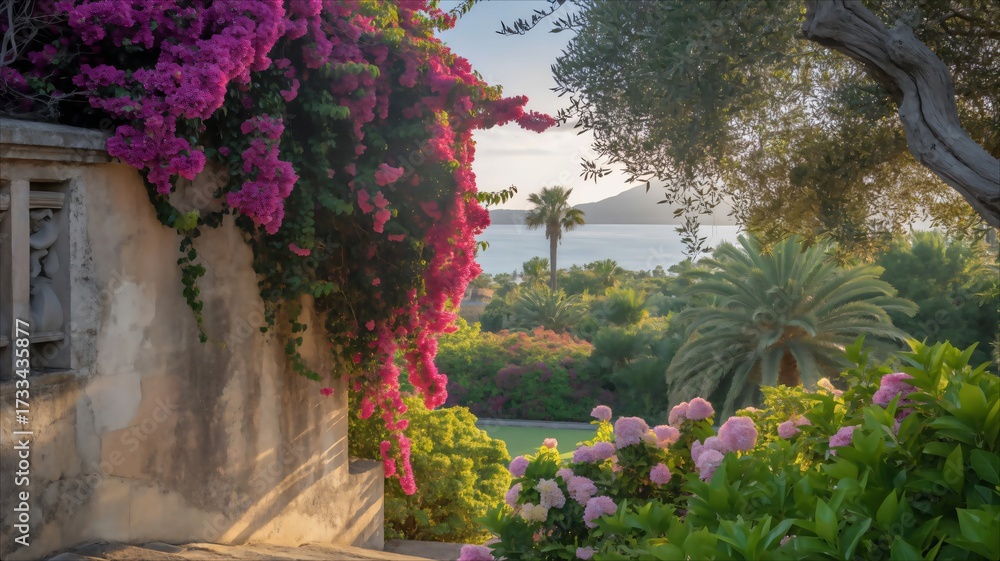 Fototapeta premium Vibrant Bougainvillea and Lush Garden Overlooking the Sea at Sunset.