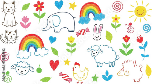Vector art of cute handdrawn cartoon animals and elements