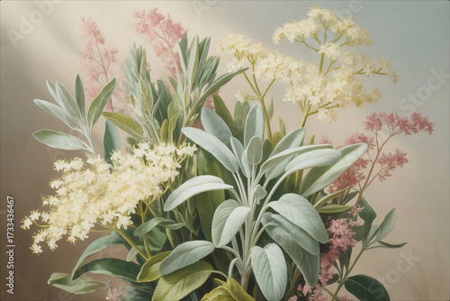 Vintage Botanical Illustration of a Diverse Herb and Flower Bouquet.