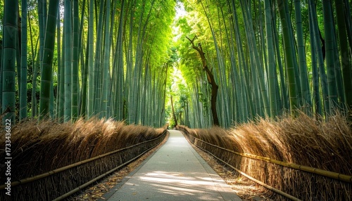 Pathway Through Bamboo Forest with Sunlight Filtering Green Canopy Tall Trees and Dense Vegetation in Kyoto Japan