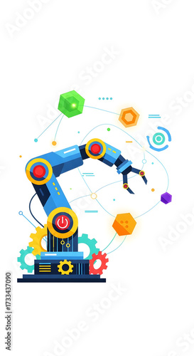 Industrial robotic arm operating within a network of digital icons.