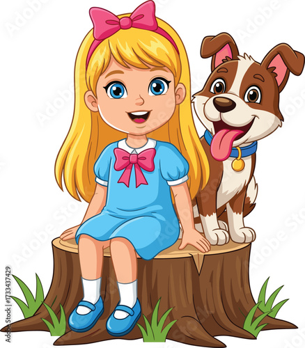 Cartoon girl sitting with dog, tree stump scene, blonde hair, blue dress, smiling pet, outdoor friendship, cute character illustration