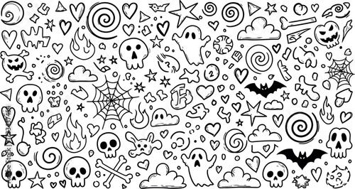 Vector art of spooky handdrawn doodle elements for halloween, including ghosts, skulls, bats, spiders, and webs