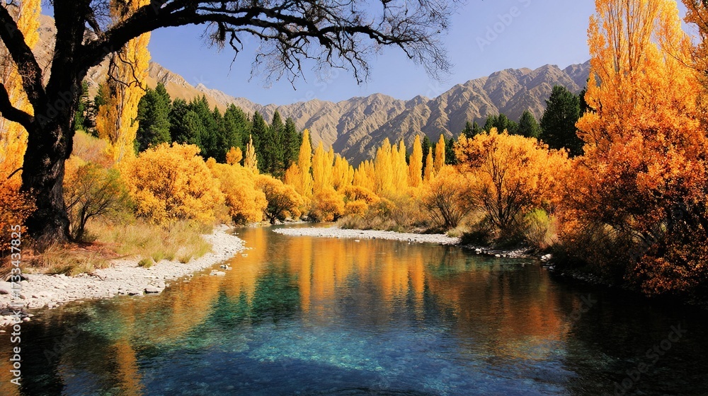 Obraz premium Panorama of autumn tree clear lake reflecting blue sky, wide angle natural landscape