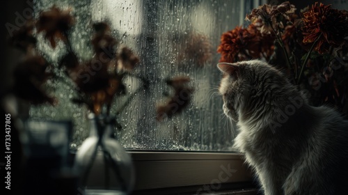 Silent farewell with flowers and a cat by the rainy window, tender and sorrowful mood