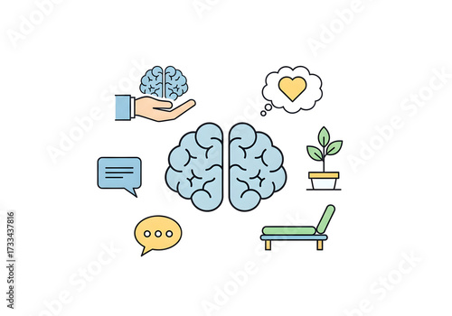 Mental Health and Wellbeing Illustration with Brain and Supportive Elements.