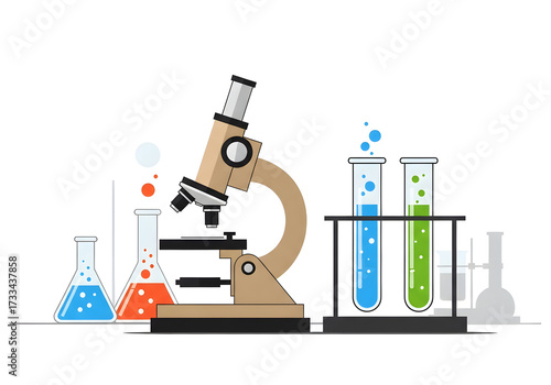 Microscope and Test Tubes with Colorful Liquids in a Laboratory Setting.