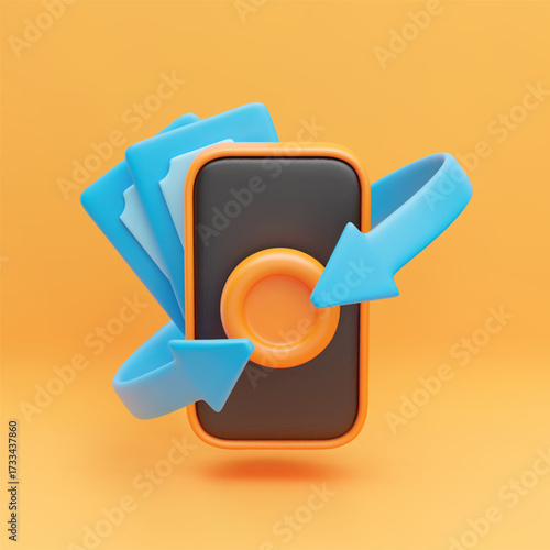 3d cashback arrow transaction concept. Realistic mobile phone with banknote, gold coin and blue arrows around. Online banking icon, payment, loan service sign. Vector illustration on yellow background