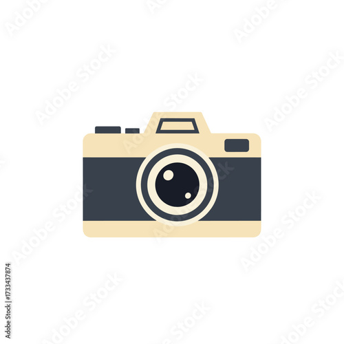 Simple graphic of a vintage-style camera with a large lens, rendered in beige and dark blue on a white background.