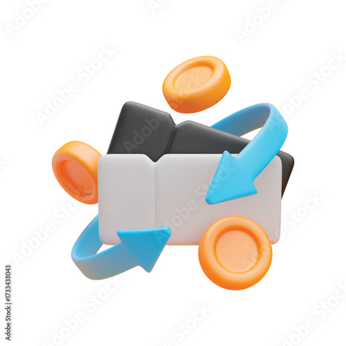3d cashback coupon icon. Realistic gift voucher, gold coin and blue arrows around. Money refund, discount concept. Vector sign of cash service on white background