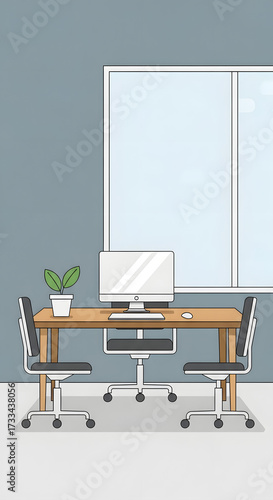 Modern office desk with computer and chairs.