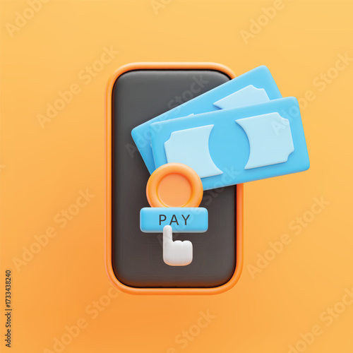 3D money payment icon. Realistic smartphone with banknotes and coin on screen, hand cursor push button. Mobile online payment, internet purchase concept. Easy bill payment. Vector icon on yellow back